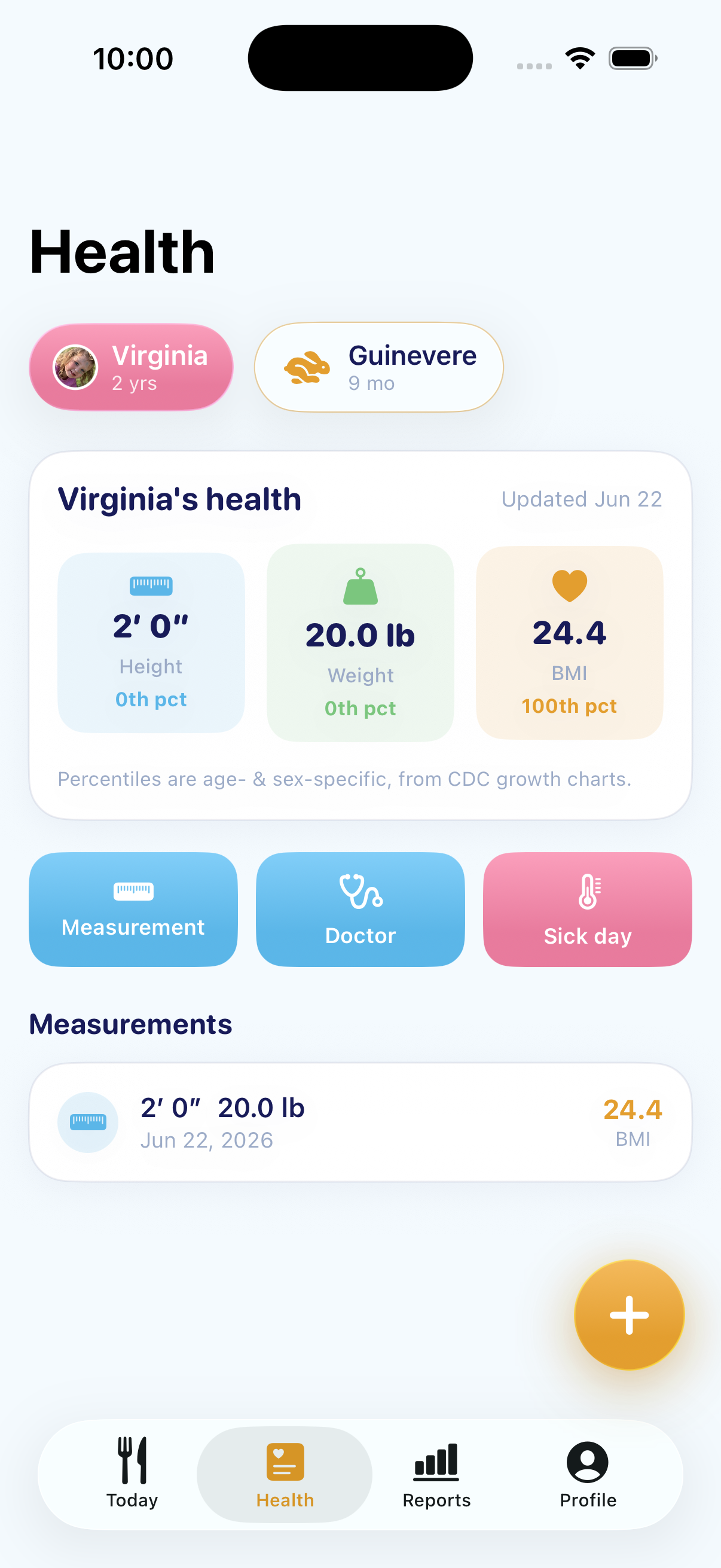 Munchi Health tab showing height, weight and BMI as CDC growth percentiles