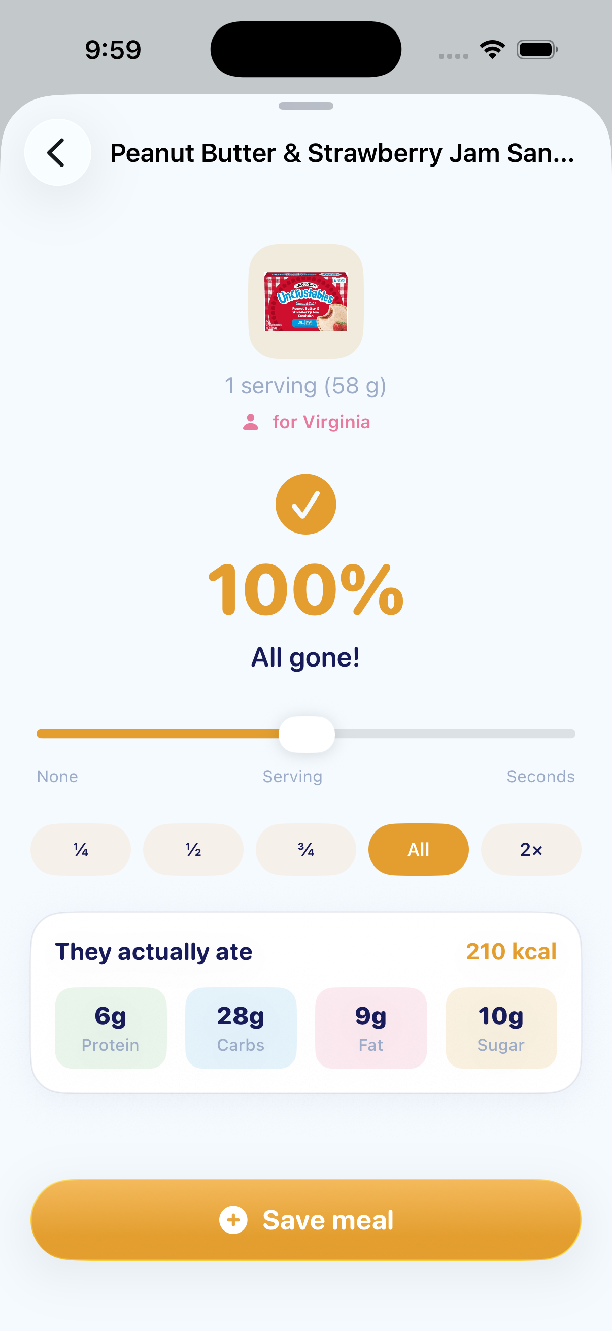 Munchi portion slider set to 100 percent, showing what the child actually ate