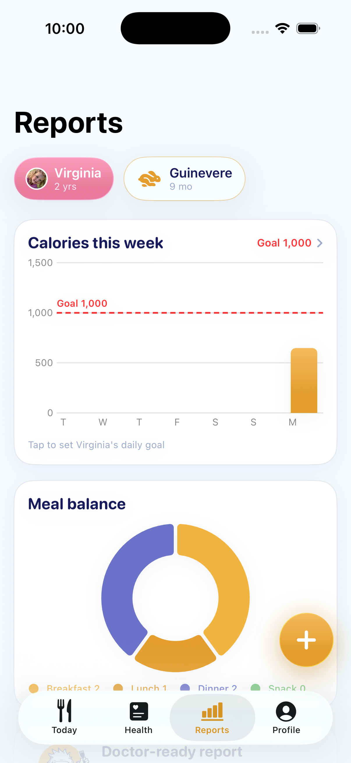 Munchi Reports tab with weekly calories chart and meal balance donut