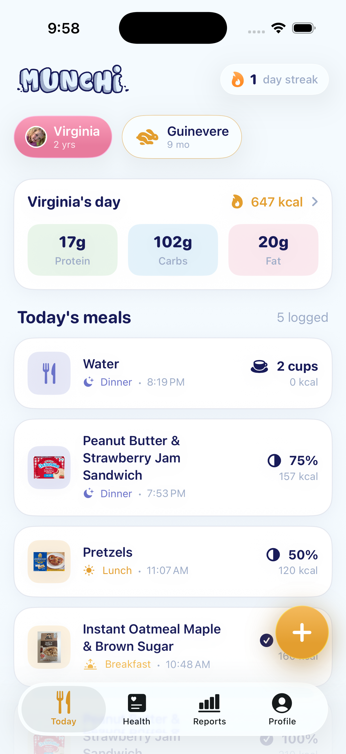 Munchi Today screen showing a child's daily calories and meals